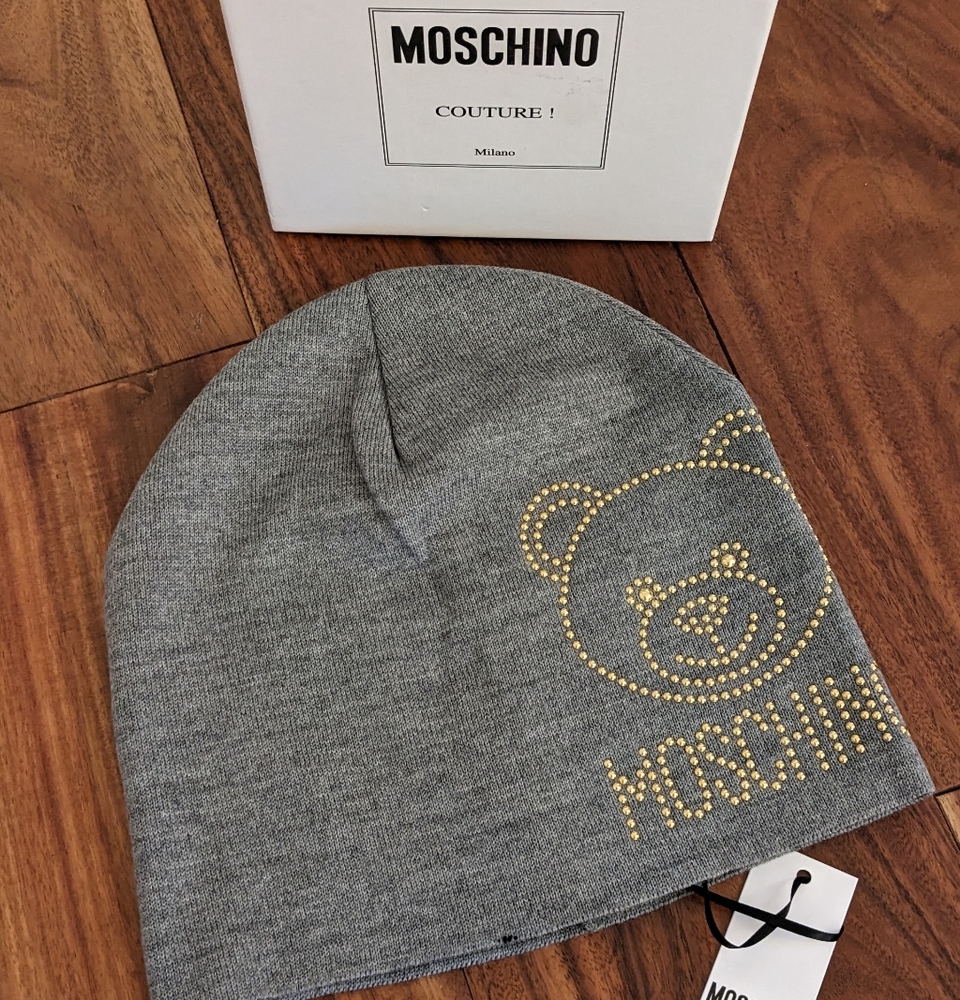 Moschino Lana Gold Studded Wool Logo Bear Beanie +  Logo Gift Box Nwt ❤️